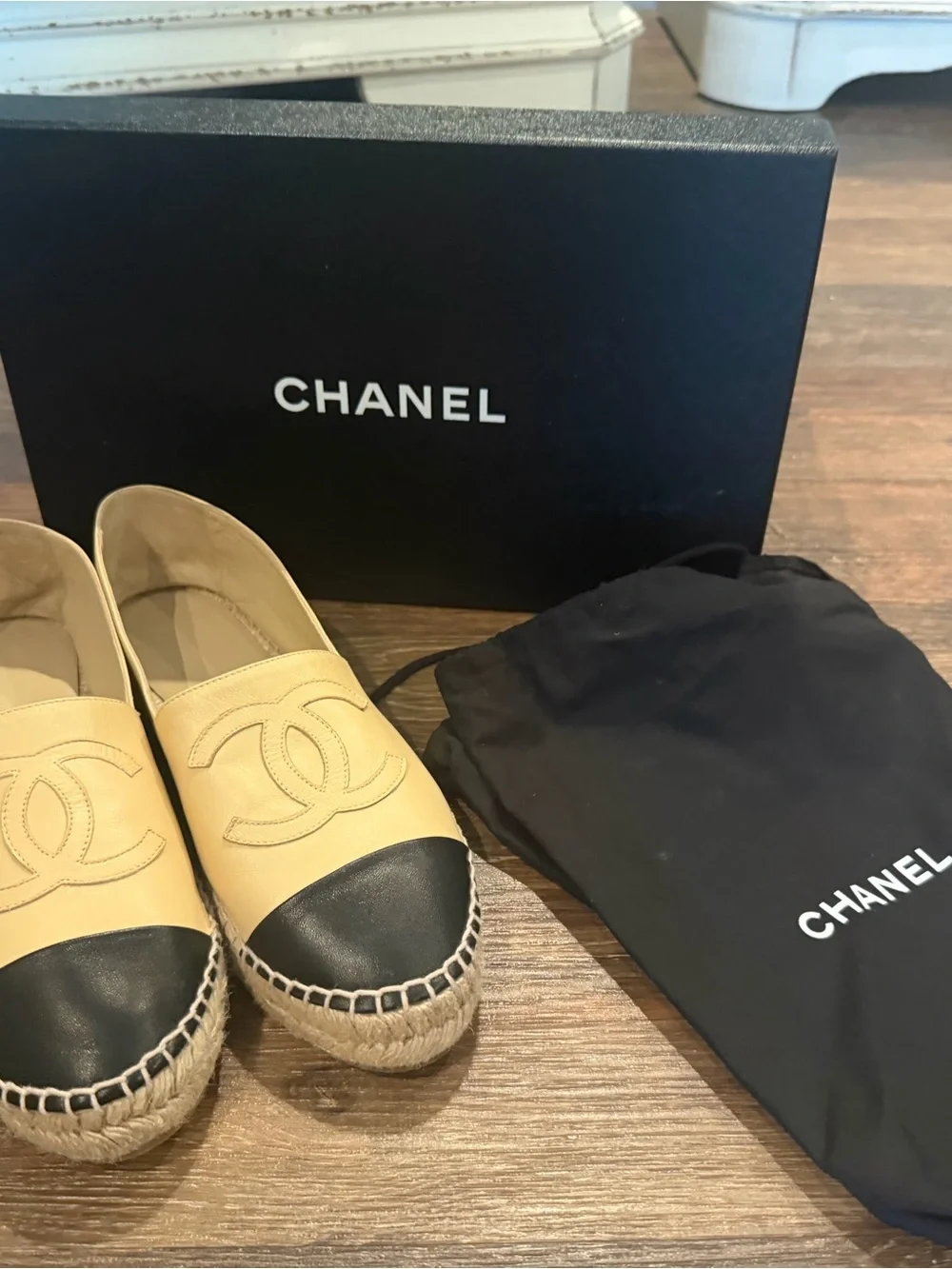 CHANEL Two-Tone Beige and Black Leather Espadrille Slip-Ons